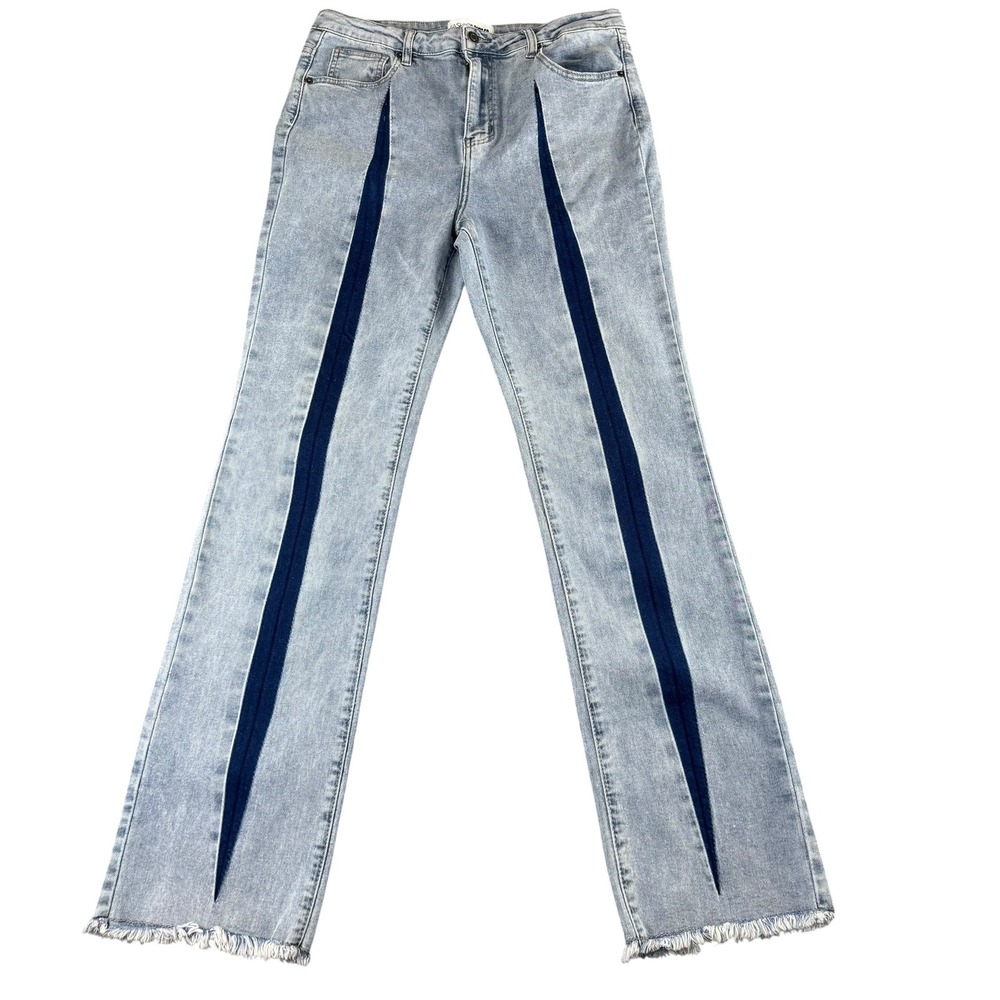 Fashion‎ Nova Two Tone High Rise Flare Jeans Light Blue Dark Panel FN08019P 13